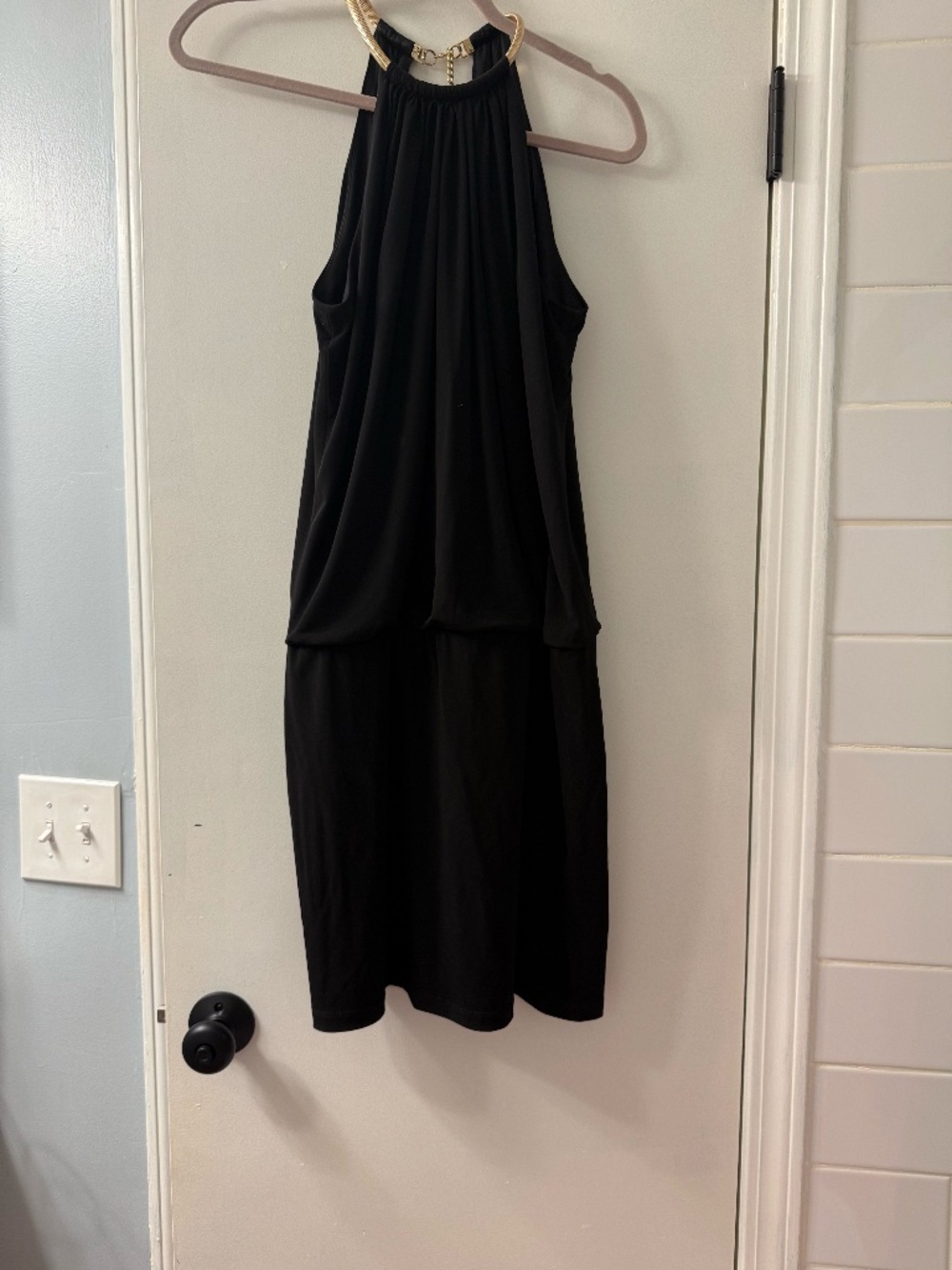 Jessica Simpson Black Halter Dress with Gold Chain Detail – Size 10